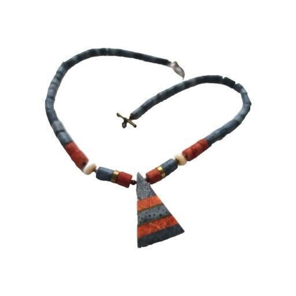 Vintage‎ Heishi Tribal Southwestern Blue Red Coral Inlaid Spike Necklace 16"